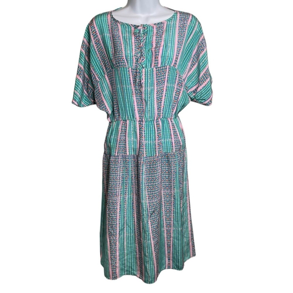 VINTAGE 80s Womens Green Pink Striped Tiered Tie Midi Dress Sz M Boho Whimsical